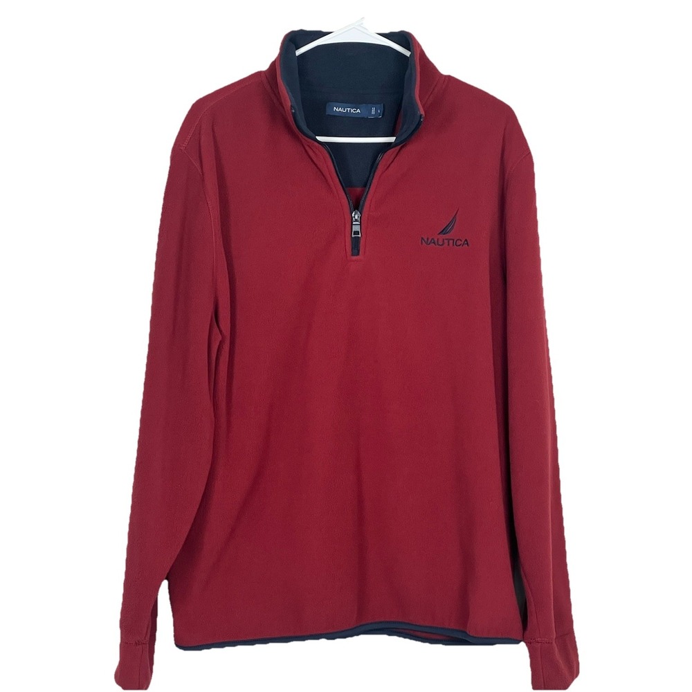 Nautica Sweater Adult Large Burgundy Fleece Pullover Quarter Zip Mens
